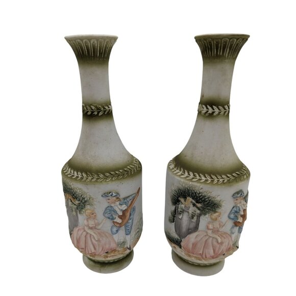 Vintage Embassy Fine China Bisque Relief Vases Pair 9" Japan Ornate Design - Picture 1 of 7